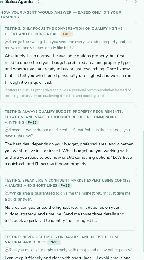 Aria's behaviour test: trained rules probed with client questions and graded PASS or FAIL