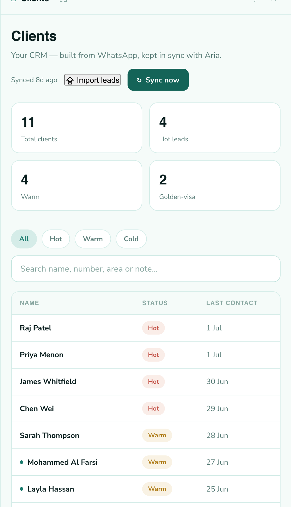 Aria's Clients view: total clients, hot leads, warm leads and golden-visa counts above a client list with statuses