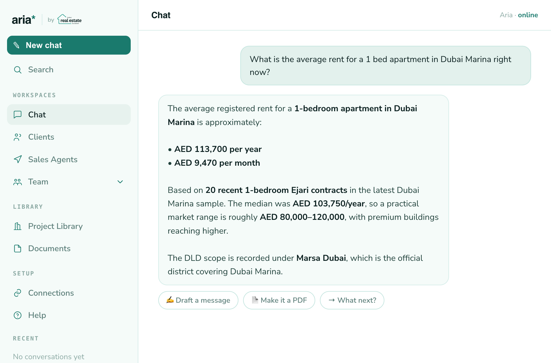 Aria answering a broker's question about Dubai Marina 1-bedroom rents, using registered Ejari contracts